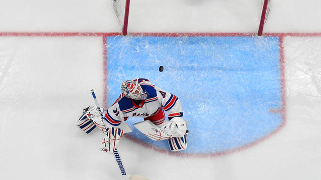 Goaltender Igor Shesterkin #31 of the New York Rangers follows a loose puck during the second period of a game against the Columbus Blue Jackets at Nationwide Arena on April 8, 2023 in Columbus, Ohio. 