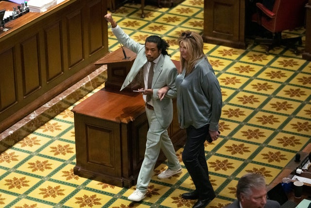 Tennessee Reps. Justin Jones and Gloria Johnson in the Tennessee House chamber 