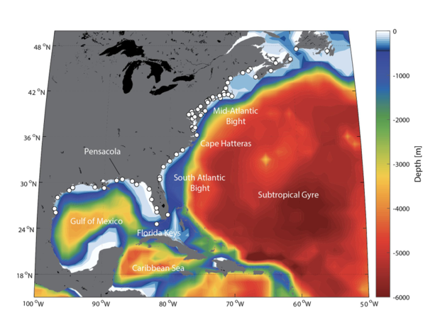This image shows the ocean's depth relative to sea level, represented by the contours, and the locations where scientists measured sea levels along the U.S. coast. 