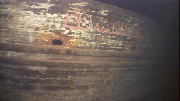 In this image taken from video provided by the Great Lakes Shipwreck Historical Society, lettering identifying the wrecked ship as property of the Edward Hines Lumber Company is seen in Lake Superior in August 2022. 