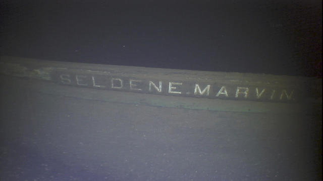 In this image taken from video provided by the Great Lakes Shipwreck Historical Society, lettering identifying a wrecked ship as the Selden E. Marvin is seen in Lake Superior in August 2022. 