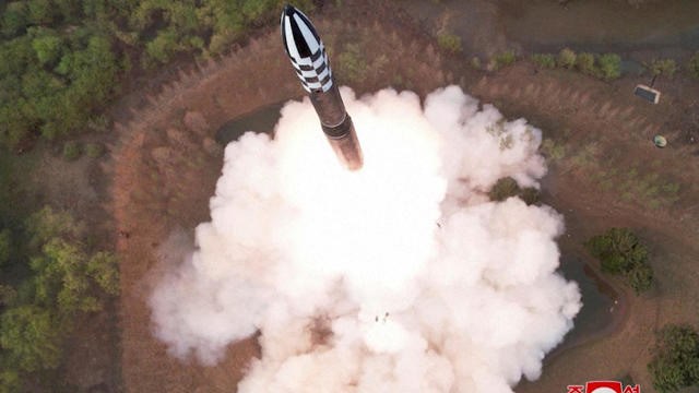 A view of a test launch of a new solid-fuel intercontinental ballistic missile (ICBM) Hwasong-18 