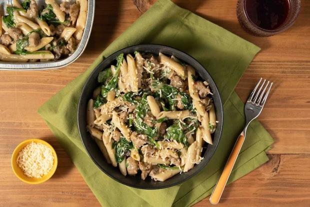 Mushroom Penne and Italian Sausage with Parmesan and spinach 