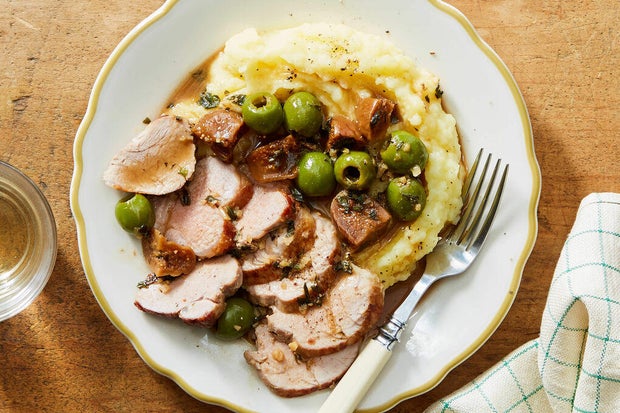 Martha's Classic Pork Tenderloin Marbella with Mashed Potatoes