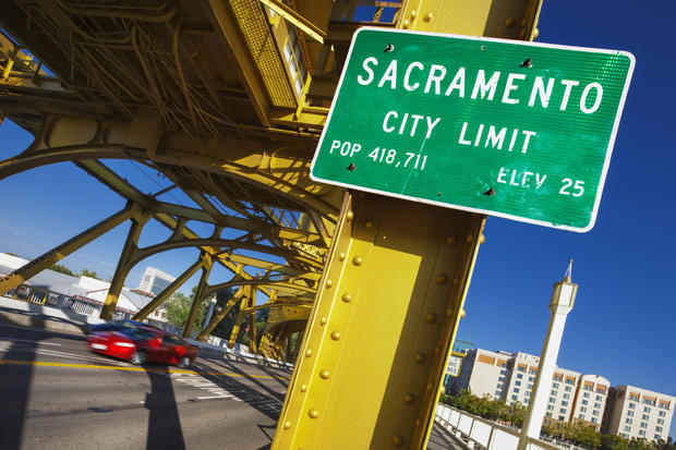 Sacramento city limit sign onTower Bridge 