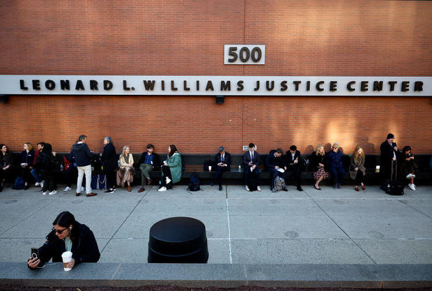 Reporters and members of the public line up early to enter the Leonard Williams Justice Center where Dominion Voting Systems is suing Fox News in Delaware Superior Court on April 18, 2023 in Wilmington. 