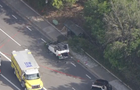 Photo of the suspect's overturned car after crashing into students near Westlake High School in Thousand Oaks, California, on Tuesday, April 18, 2023. 