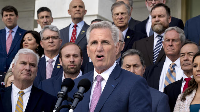 Speaker of the House Kevin McCarthy holds an event to mark 100 days of the Republican majority in the House at the Capitol in Washington on Monday, April 17, 2023. 