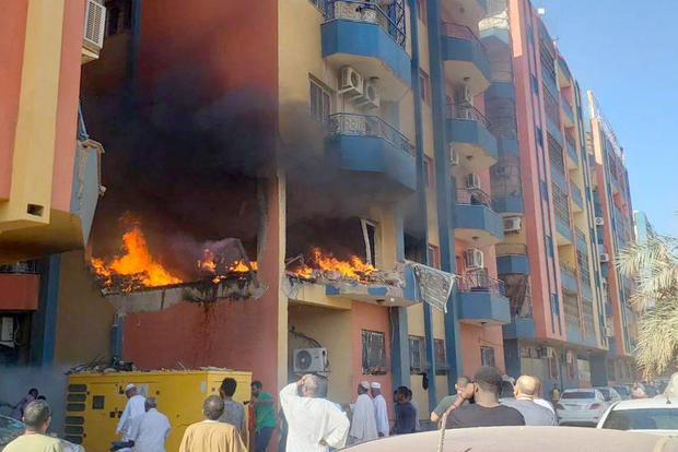 A view of the area as a fire broke out after a house was hit during clashes between the Sudanese Armed Forces and the paramilitary Rapid Support Forces in Khartoum, Sudan, on April 20, 2023. 