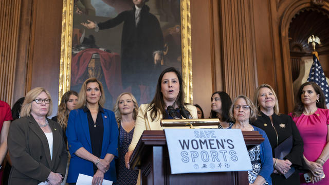 House Republican Conference Chair Elise Stefanik of New York speaks as GOP members hold an event before the vote to prohibit transgender women and girls from playing on sports teams that match their gender identity, at the Capitol on Thursday, April 20, 2023. 