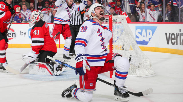 Chris Kreider #20 of the New York Rangers celebrates his goal during the second period of Game Two of the First Round of the 2023 Stanley Cup Playoffs against the New Jersey Devils at the Prudential Center on April 20, 2023 in Newark, New Jersey. 