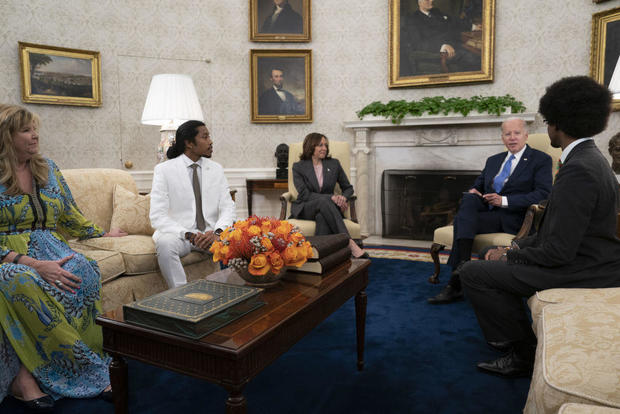 President Biden speaks while meeting with, from left, state Rep. Gloria Johnson, Rep. Justin Jones, Vice President Kamala Harris and Rep. Justin Pearson in the Oval Office of the White House on Monday, April 24, 2023. 