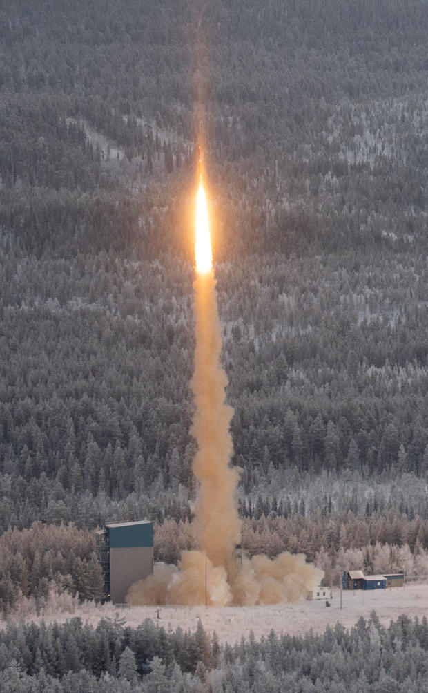 The launch of the "SubOrbital Express 3" suborbital rocket from the Esrange Space Center in JukkasjÃ¤rvi, northern Sweden, on November 23, 2022. 