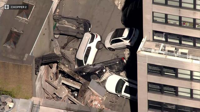 An aerial view of a collapsed parking garage in Manhattan. 