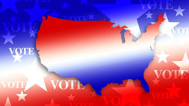 Digitally generated image of shape of USA map and vote sign 