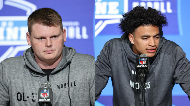 L: Offensive lineman John Michael Schmitz, Jr. of Minnesota speaks to the media during the NFL Combine at Lucas Oil Stadium on March 4, 2023 in Indianapolis, Indiana; R: Wide out Jalin Hyatt of Tennessee speaks to the media during the NFL Combine at Lucas 