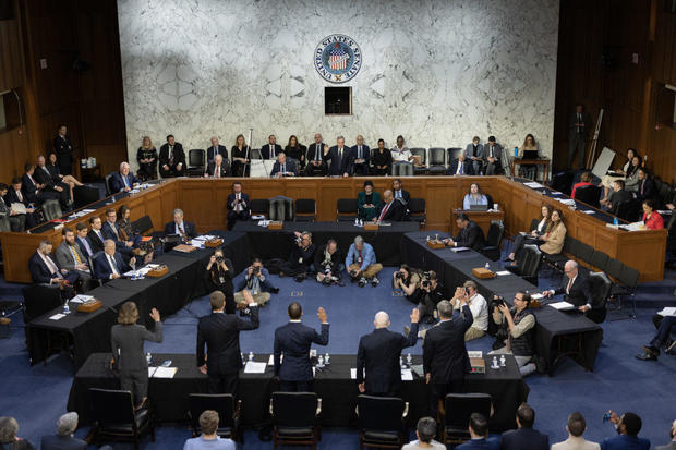 Witnesses are sworn in during a Senate Judiciary Committee hearing in Washington, D.C., on Tuesday, May 2, 2023. 