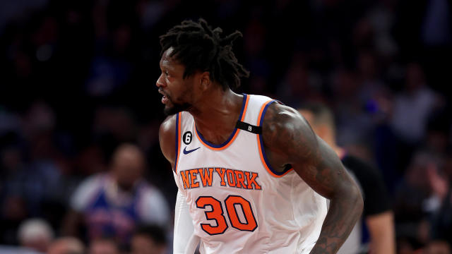 Julius Randle #30 of the New York Knicks celebrates his three point shot in the first half against the Miami Heat during game two of the Eastern Conference Semifinals at Madison Square Garden on May 02, 2023 in New York City. 