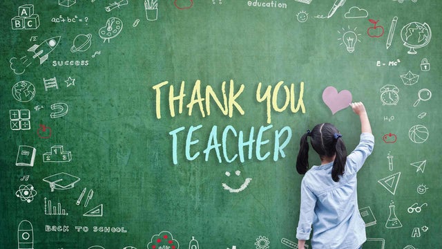 Thank You Teacher greeting for World teacher's day concept with school student back view drawing doodle of of learning education graphic freehand illustration icon on green chalkboard 