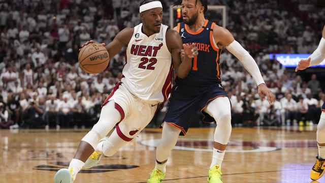 Jimmy Butler #22 of the Miami Heat drives past Jalen Brunson #11 of the New York Knicks during game three of the Eastern Conference Semifinals at Kaseya Center on May 06, 2023 in Miami, Florida. 