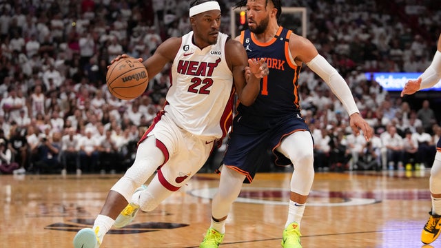 Jimmy Butler #22 of the Miami Heat drives past Jalen Brunson #11 of the New York Knicks during game three of the Eastern Conference Semifinals at Kaseya Center on May 06, 2023 in Miami, Florida. 