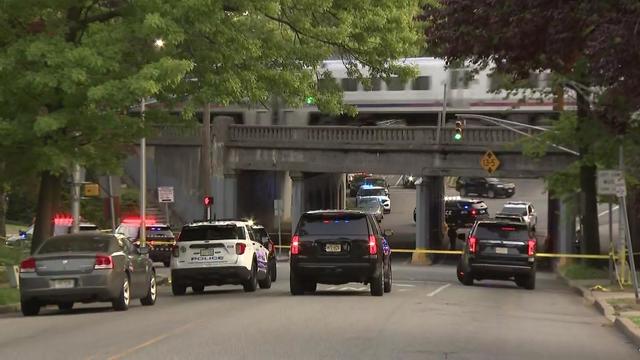 Police vehicles and crime scene tape block off an area under a bridge as a train passes by. 