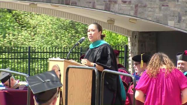 CBS2's Cindy Hsu gives the commencement speech for St. Thomas Aquinas College on May 12, 2023. 