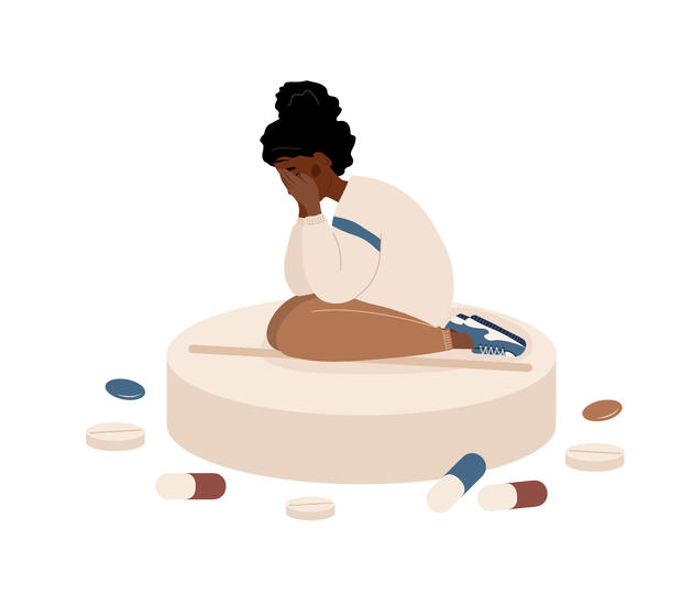 Sad african woman sitting on big pill. Mental disorders concept. Antidepressants, vitamins and hormonal medications. Depressed teenager needs medical care. Vector illustration in flat cartoon style 