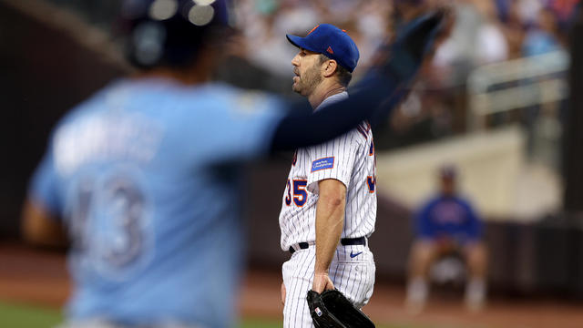 Justin Verlander #35 of the New York Mets reacts after giving up a three run home run to Isaac Paredes of the Tampa Bay Rays in the third inning at Citi Field on May 16, 2023 in the Flushing neighborhood of the Queens borough of New York City. 