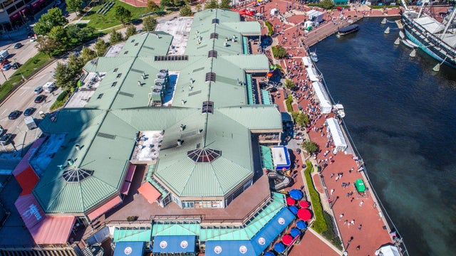 Aerial view of the Baltimore Inner Harbor shopping mall,  Baltimore, Maryland, 