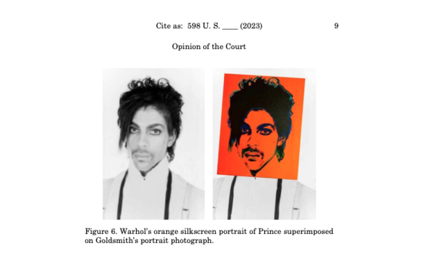 The Supreme Court included comparison showing Andy Warhol's image of Prince overlaid on Lynn Goldsmith's photograph. 
