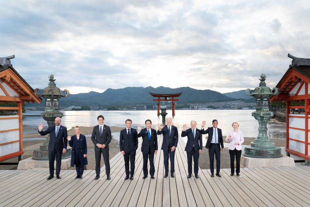 G7 leaders pose for a photo at the Itsukushima Shrine during the G7 Summit on May 19, 2023, in Hiroshima, Japan. 