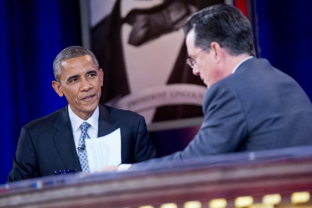 President Obama Tapes An Interview For The Colbert Report with Stephen Colbert 