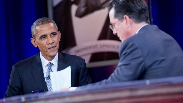 President Obama Tapes An Interview For The Colbert Report with Stephen Colbert 