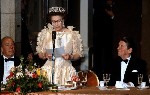 Queen Elizabeth ll makes a speech as President Ronald Reagan looks on during a banquet on March 3, 1983, in San Francisco. 
