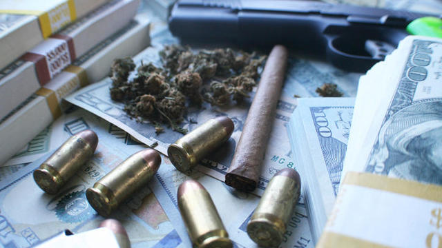Marijuana Drug Money With Gun, Stacks Of Money, Bullets & Blunt 