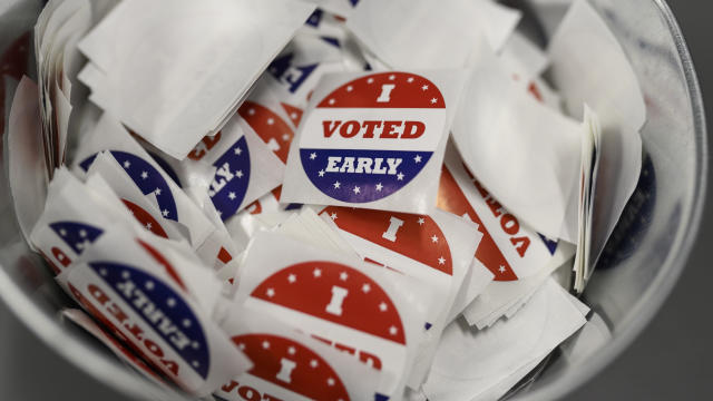 A bucket filled with "I Voted" and "I Voted Early" stickers at the Minneapolis Early Vote Center on January 17, 2020 in Minneapolis, Minnesota. 