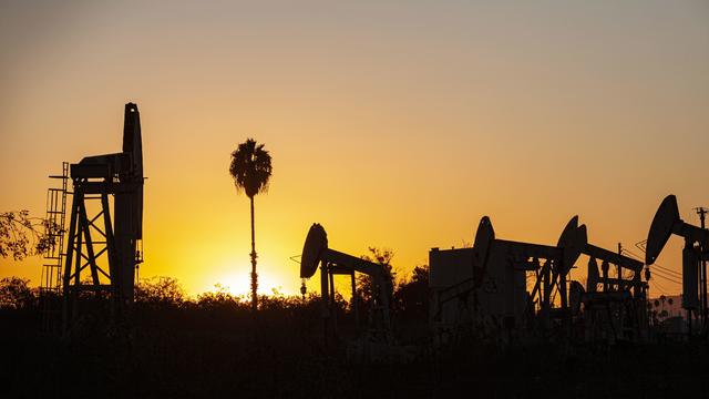 Oil pump jacks in the Los Cerritos Wetlands, Long Beach 