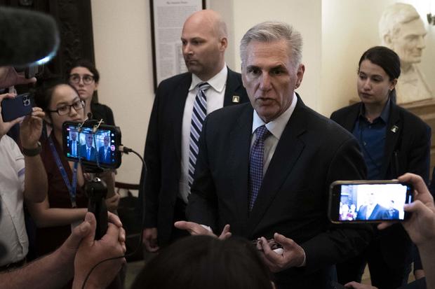 House Speaker Kevin McCarthy speaks to members of the media while arriving to the U.S. Capitol on Wednesday, May 31, 2023. 