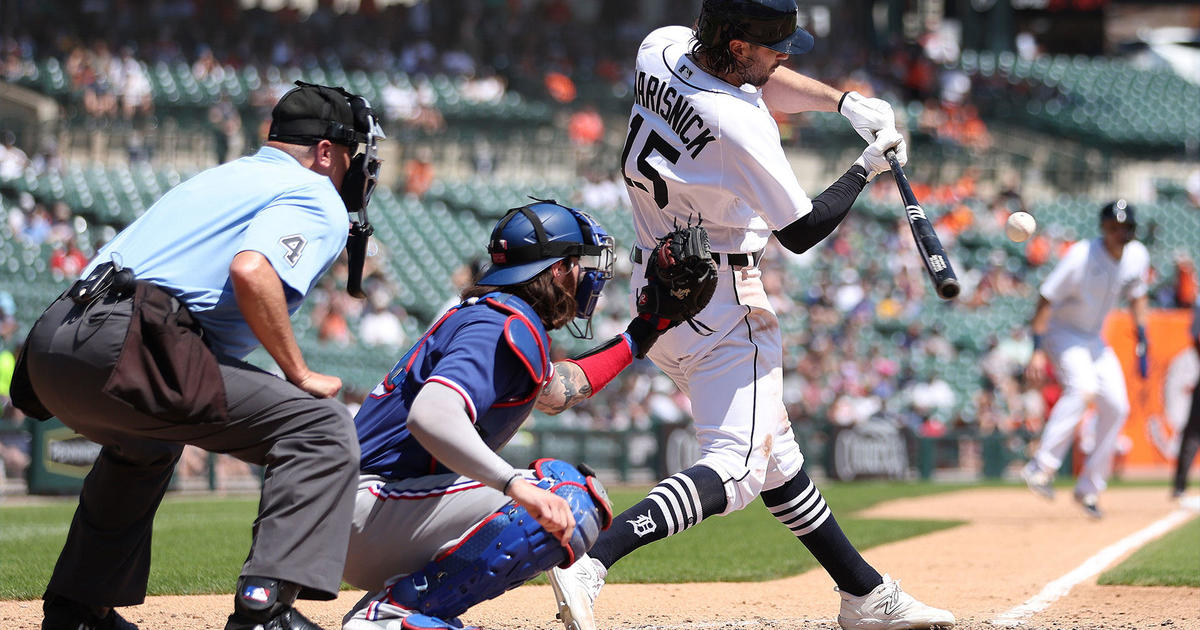 Detroit Tigers' Riley Greene bats against the Texas Rangers in the