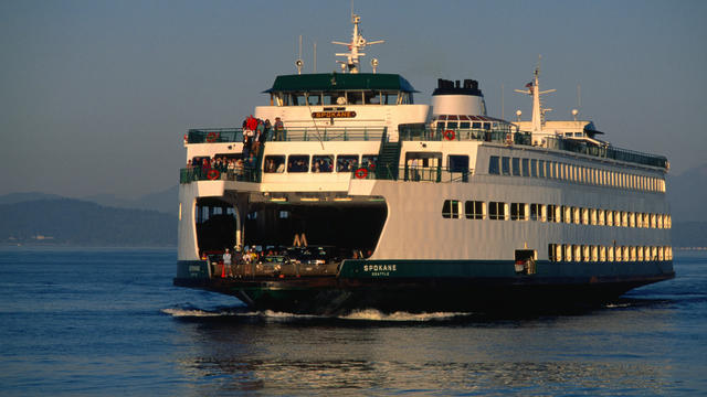 A ferry crosses the sheltered waters of Puget Sound. 