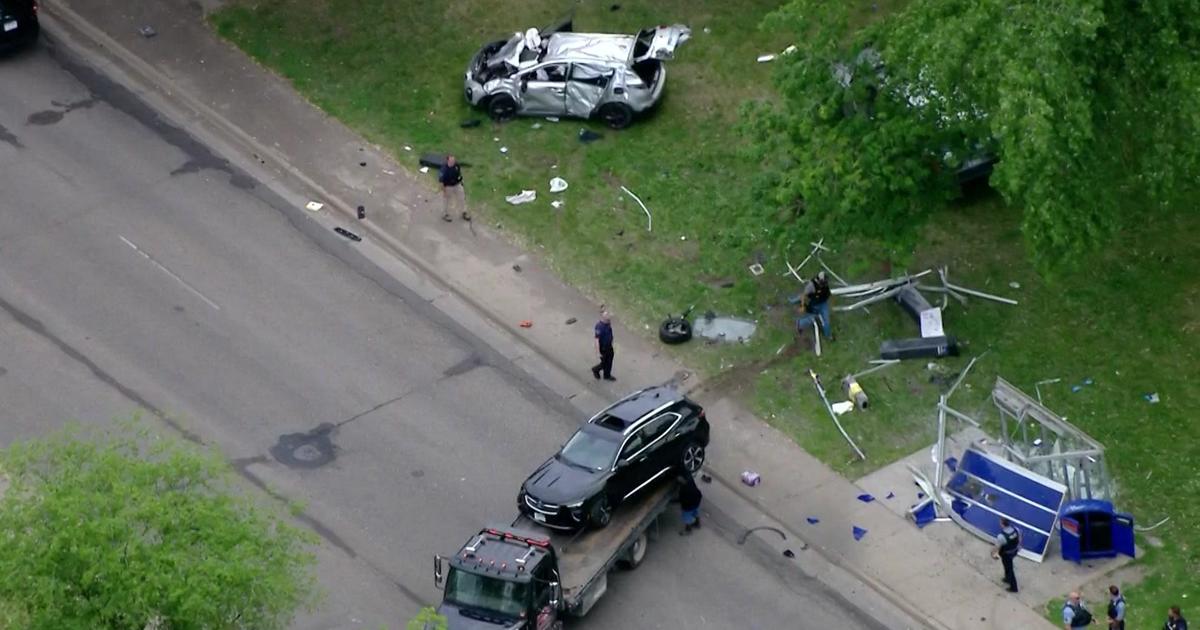 Police chase ends with crash in north Minneapolis; 5 seriously injured, bus shelter destroyed