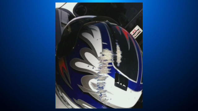 SJ crime spree victim's damaged motorcycle helmet 