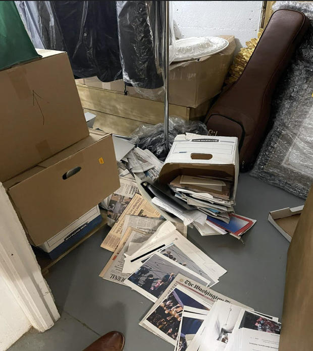 This image, contained in the indictment against former President Donald Trump, shows boxes of records on Dec. 7, 2021, in a storage room at Trump's Mar-a-Lago estate in Palm Beach, Florida, that had fallen over with contents spilling onto the floor.  