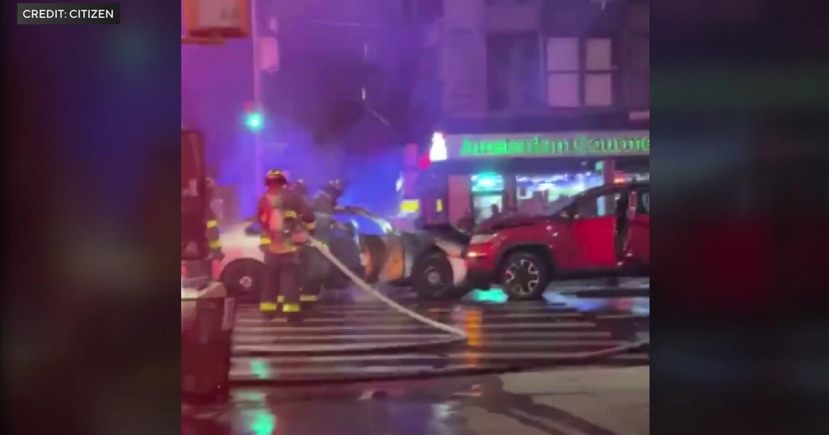 Unmarked NYPD car bursts into flames after crash; 3 officers, 1