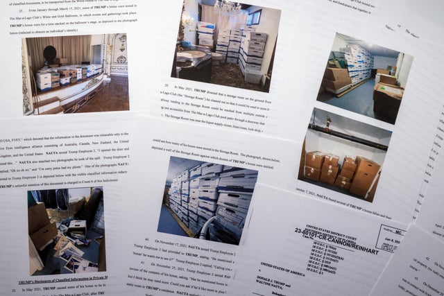 The indictment against former President Donald Trump is photographed on Friday, June 9, 2023. 