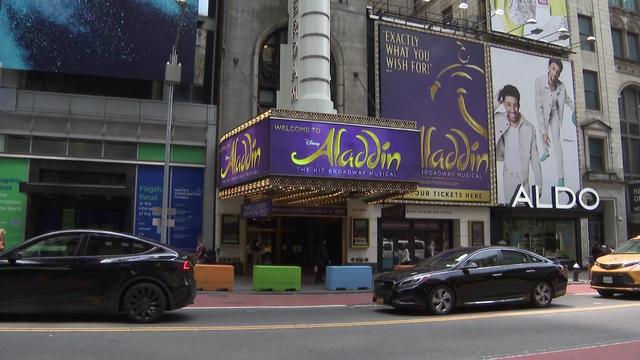 The marquee for "Aladdin" at Broadway's New Amsterdam Theatre 
