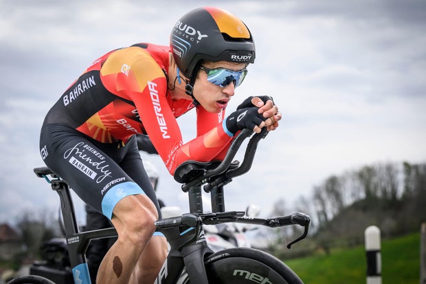 Swiss rider Gino Mäder cycles during the third stage of the Tour of Romandie UCI cycling world tour, to and from Chatel-Saint-Denis, Switzerland, on April 28, 2023.