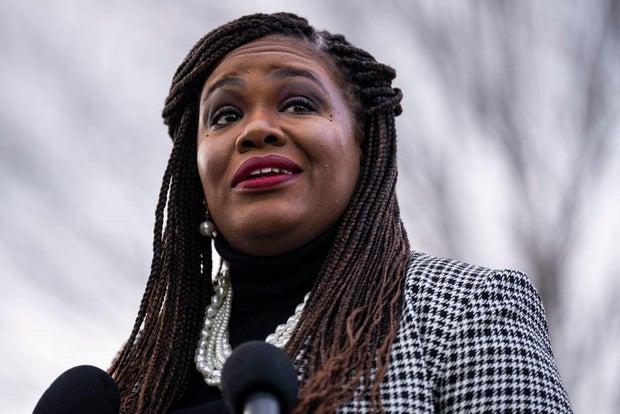 Rep. Cori Bush speaks during a news conference outside the U.S. Capitol on Thursday, Jan. 26, 2023.