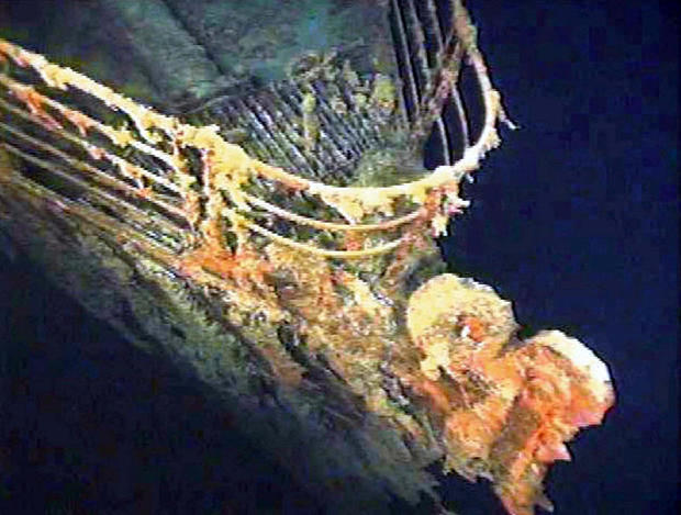 The port bow railing of the Titanic is seen in 12,600 feet of water about 400 miles east of Nova Scotia, Canada, as photographed as part of a joint scientific and recovery expedition sponsored by the Discovery Channel and RMS Titanic. 